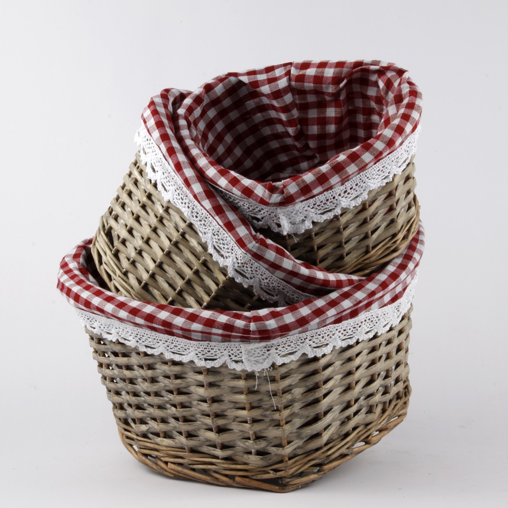 Set 3 Paniers Rotin Coeur Tissu Vichy