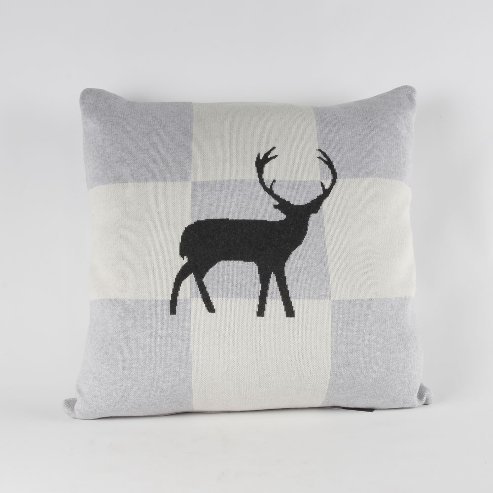 Coussin CERF Noir sur fond damiers gris/écru