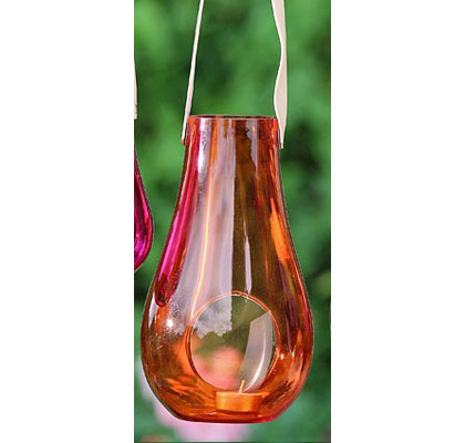 Lanterne Photophore à suspendre Verre ORANGE corde Cuir