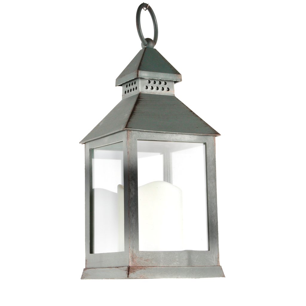 Lanterne en Plastique gris vieilli façon métal avec bougie LED