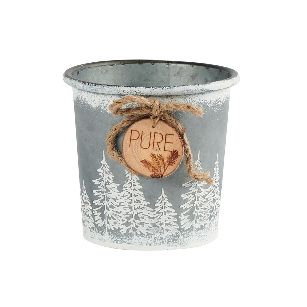 Pot Décoration Ferme HIVER métal gris décor  Sapins et chalets 15 cm   