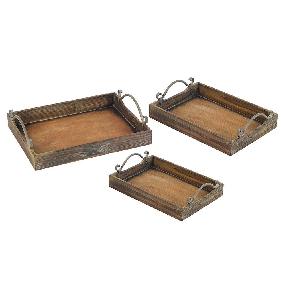 Set de 3 plateaux bois anses métal CAMPAGNE