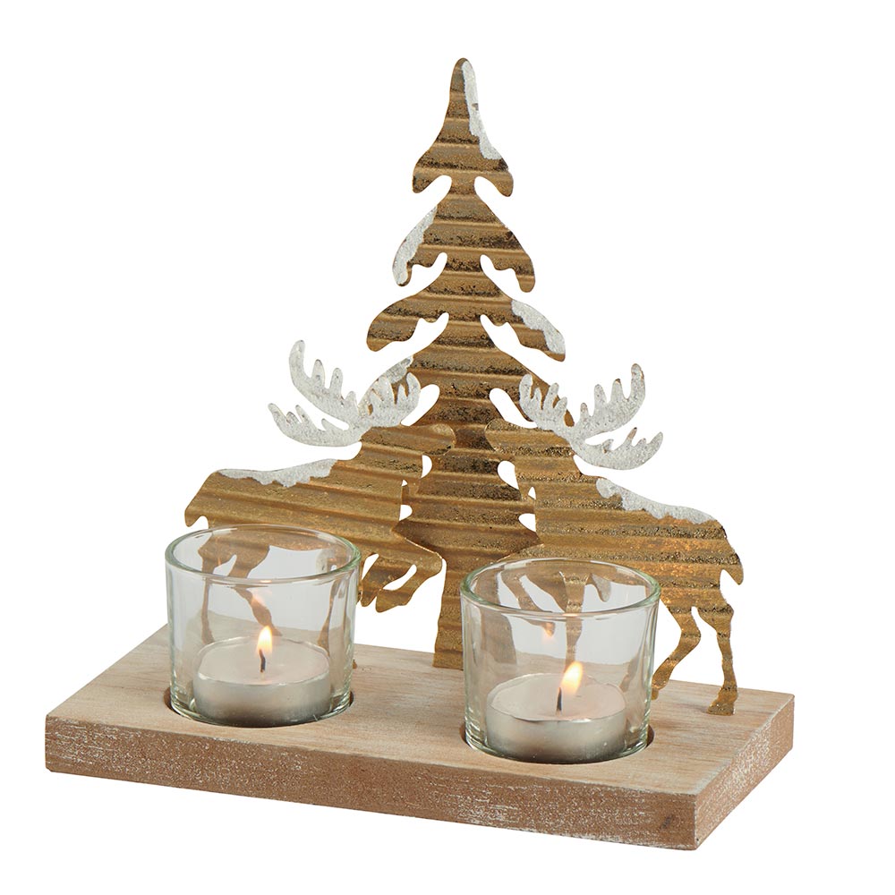 Décoration Noël Photophore rennes et sapin dorés sur support bois  