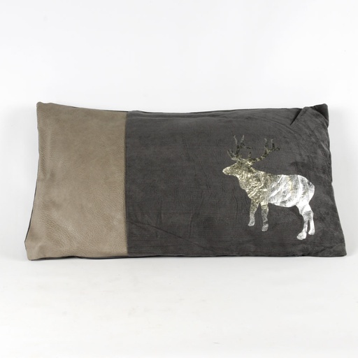 [HL117] Coussin Gris Anthracite CERF Argenté bandeau façon cuir 50 x 30 cm