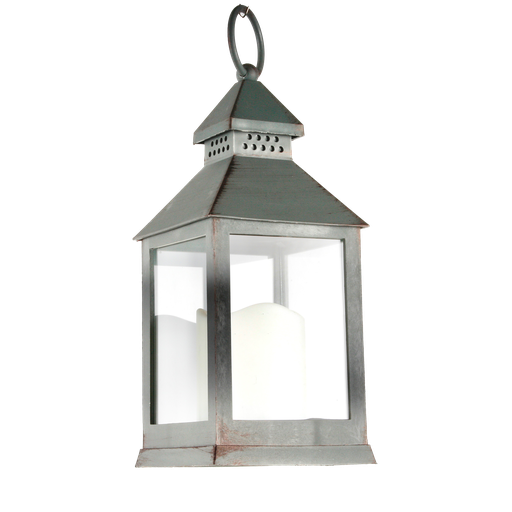 [NW016] Lanterne en Plastique gris vieilli façon métal avec bougie LED