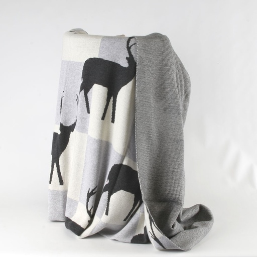 [UK026] Plaid CERFS sur fond damiers Gris/écru 160 x 130 cm