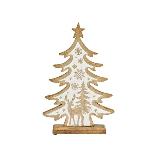 [10037776] Sapin décoré en bois de manguier naturel 37 cm