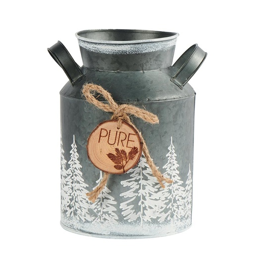 [FY014] Pot à lait  Décoration Ferme HIVER métal gris décor  Sapins et chalets 22.5 cm 