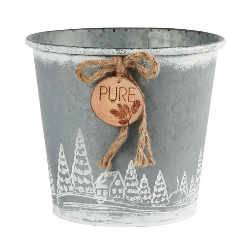 [FY018] Pot Décoration Ferme HIVER métal gris décor  Sapins et chalets 20,5 cm    