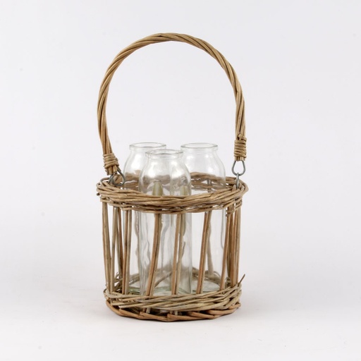 [02.17.011] Panier Rotin Rond avec 3 VASES Fleurs en Verre