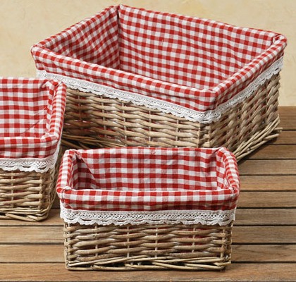 Set 3 Paniers Rotin Rectangle Tissu Vichy  CAMPAGNE