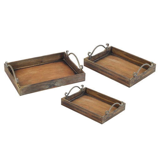 [MJ011] Set de 3 plateaux bois anses métal CAMPAGNE