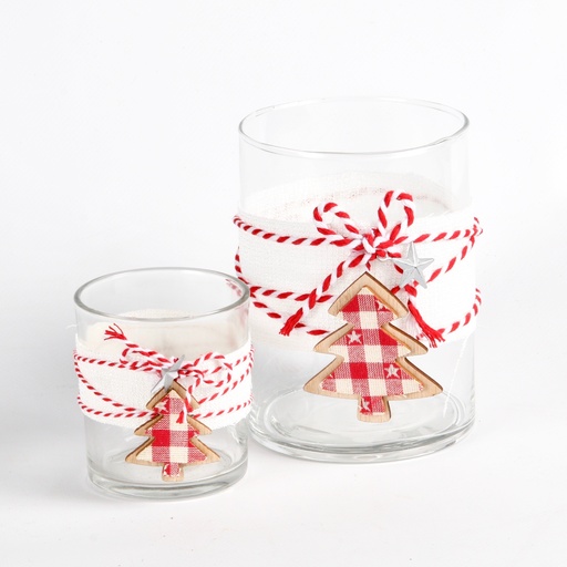 [1000982SAPIN] Set 2 PHOTOPHORES Noël en verre décor sapin bois et tissu rouge et blanc