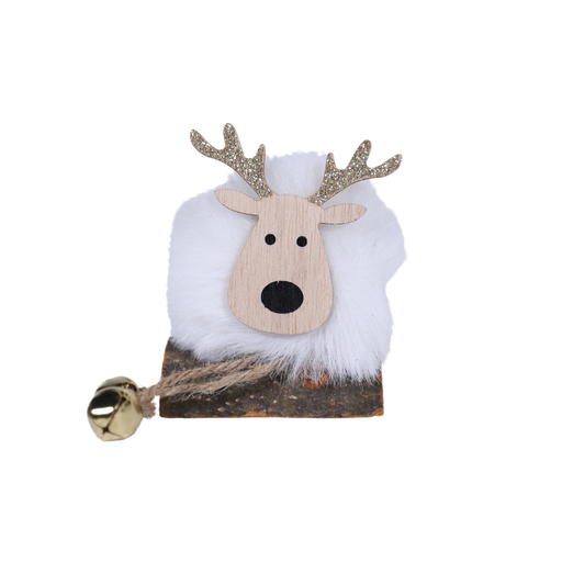 [49587B] Renne Fourrure blanche sur buche bois 14 cm